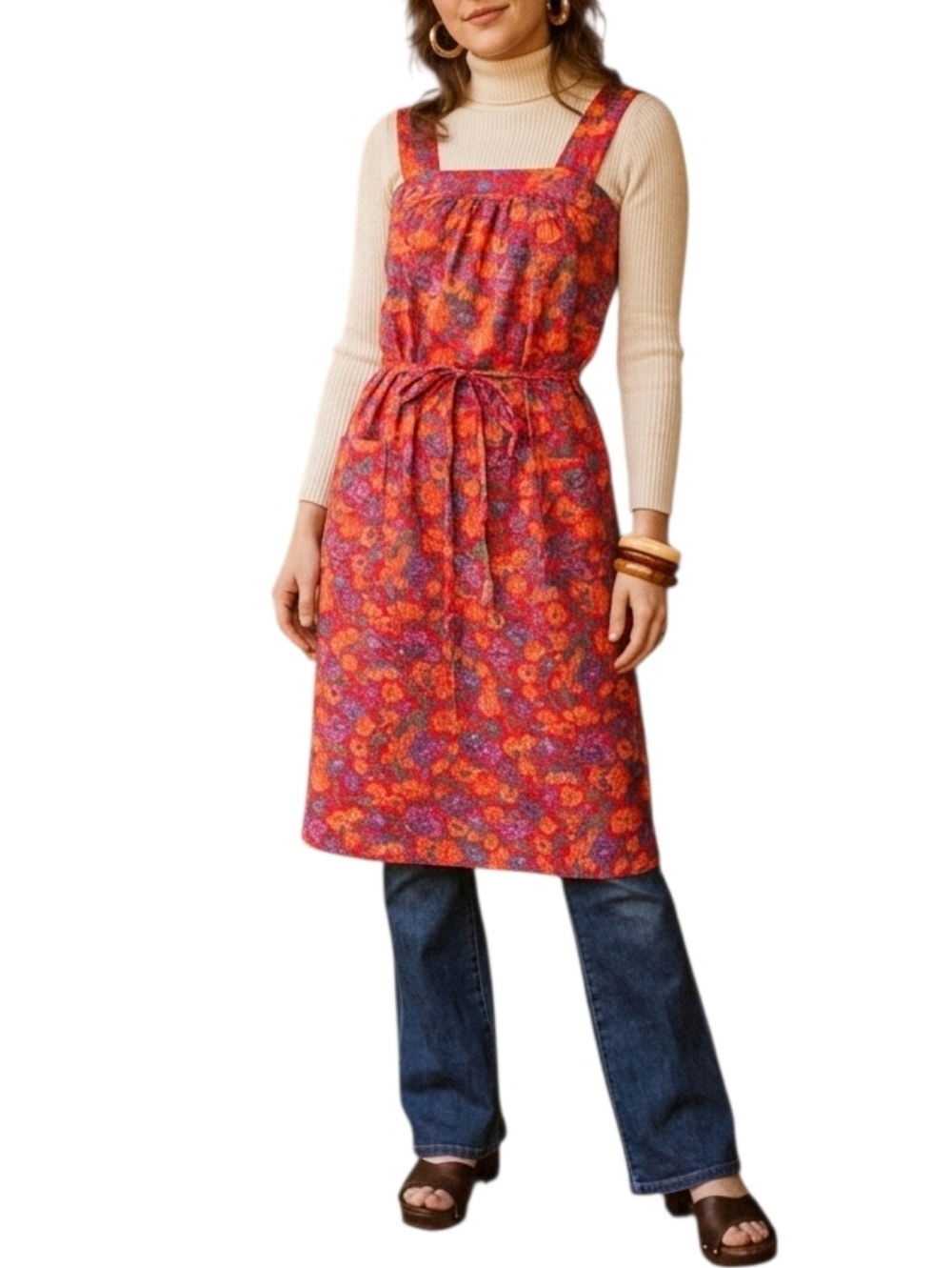 Vintage 1970s Sears Floral Psychedelic Pinafore Apron Dress Red Orange 16.5 - Picture 2 of 14